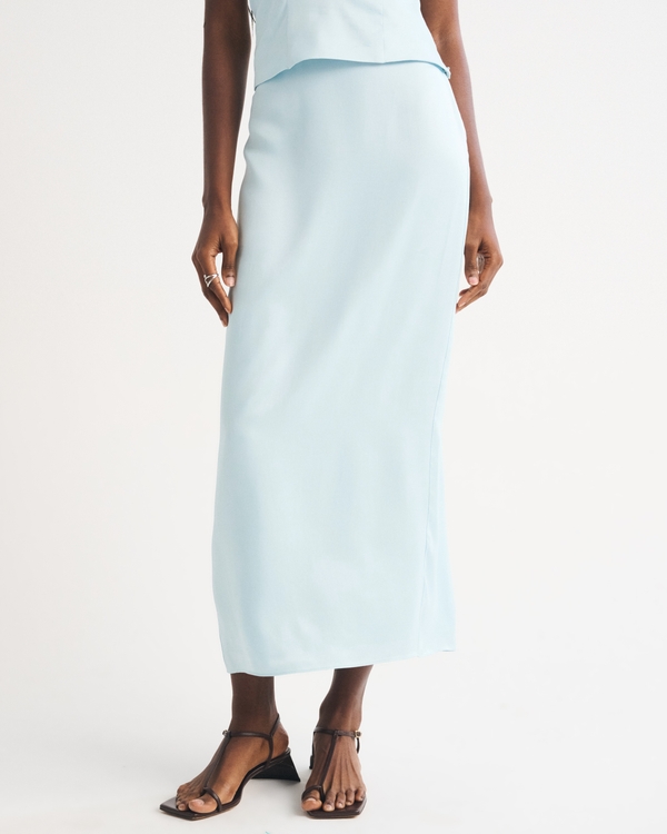 Mid Rise Satin Maxi Set Skirt, Light Blue view 2