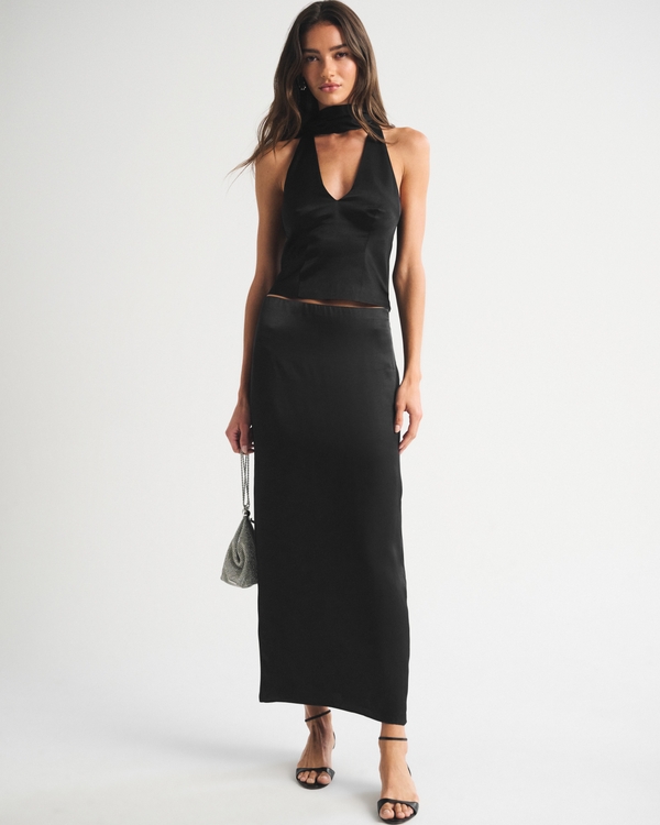 Mid Rise Satin Maxi Set Skirt, Black view 1