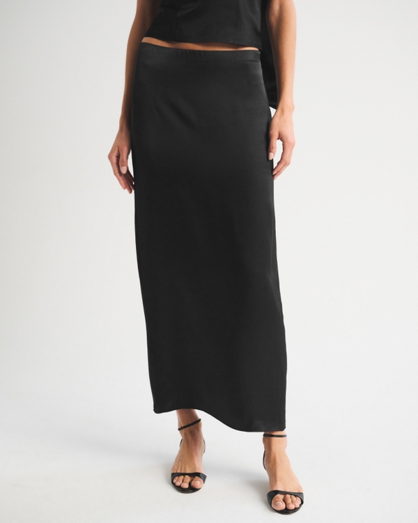 Mid Rise Satin Maxi Set Skirt, Black view 2