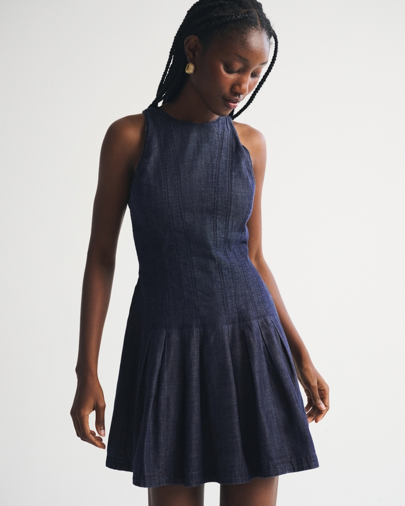 High Neck Chambray Mini Dress - thumbnail 2