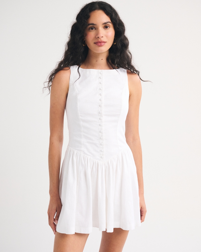 Linen-Cotton Blend High Neck Button-Embellished Mini Dress - thumbnail 8