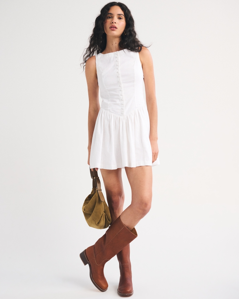 Linen-Cotton Blend High Neck Button-Embellished Mini Dress - thumbnail 7