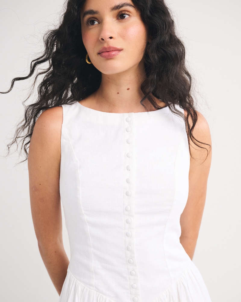 Linen-Cotton Blend High Neck Button-Embellished Mini Dress - thumbnail 9