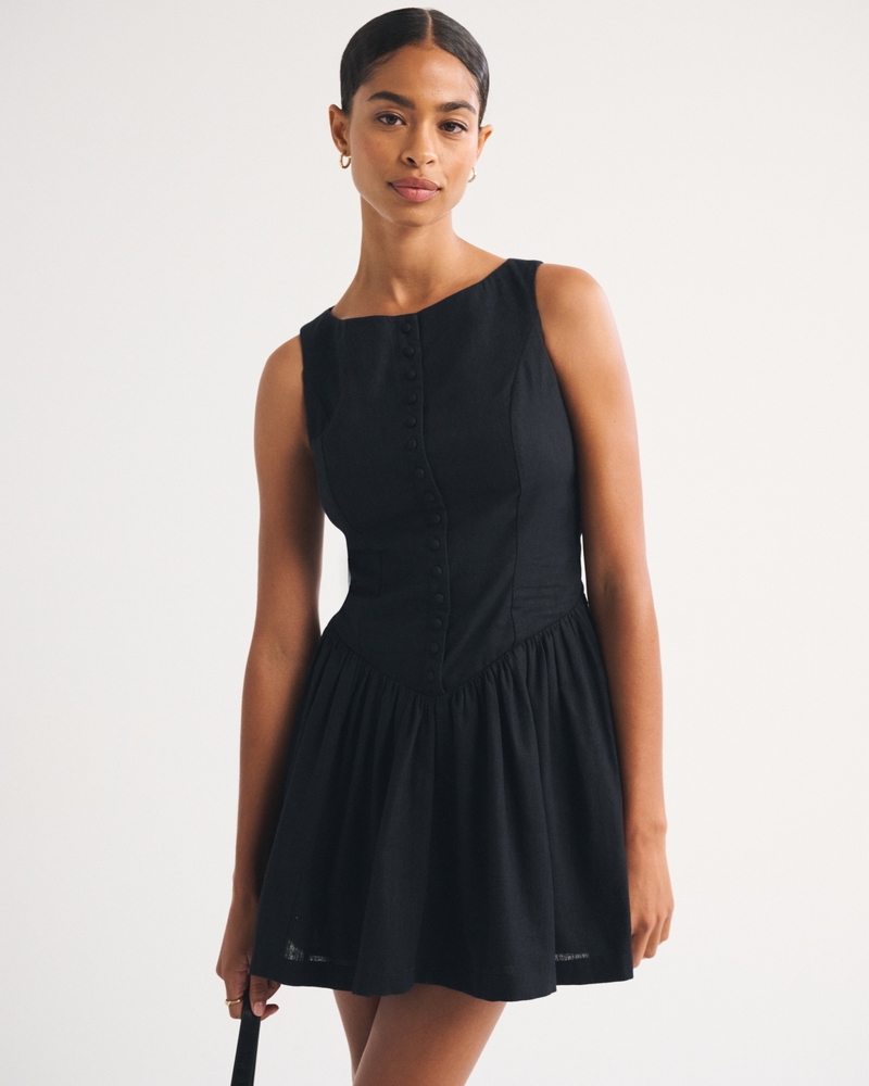 Linen-Cotton Blend High Neck Button-Embellished Mini Dress - thumbnail 2
