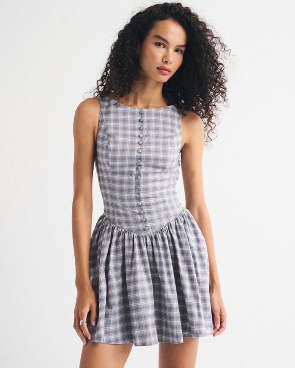 High Neck Button-Embellished Mini Dress, Blue Check view 1