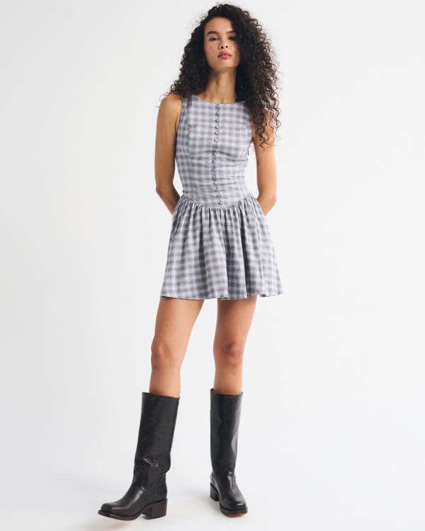 High Neck Button-Embellished Mini Dress, Blue Check view 2