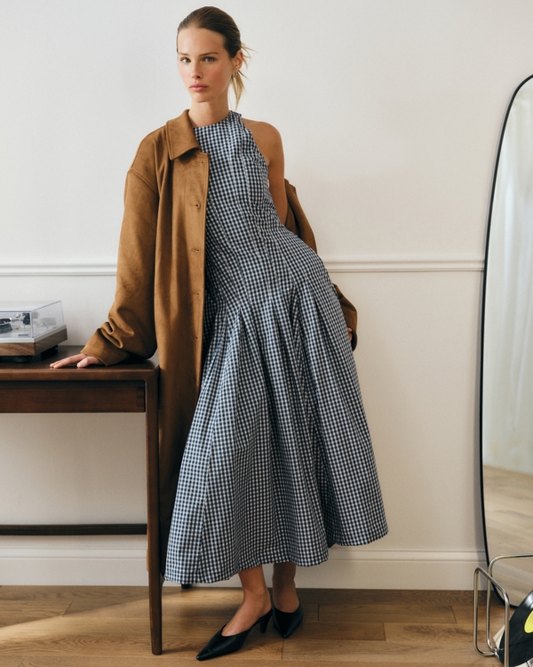 100% Cotton High Neck Seamed Midi Dress, Navy Check view 1