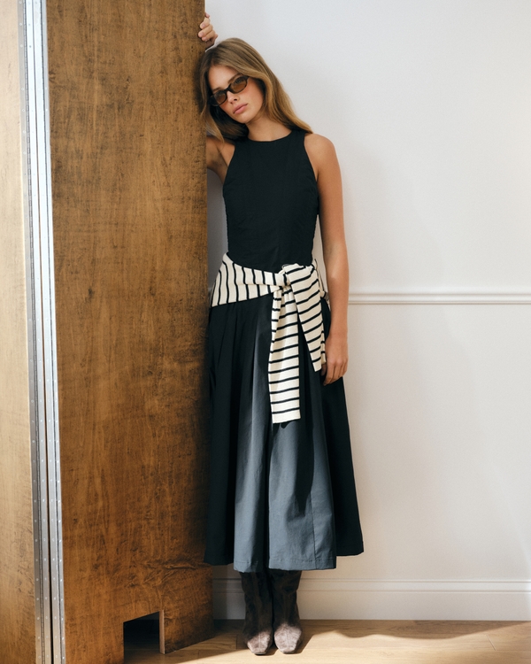 100% Cotton High Neck Seamed Midi Dress, Black view 1