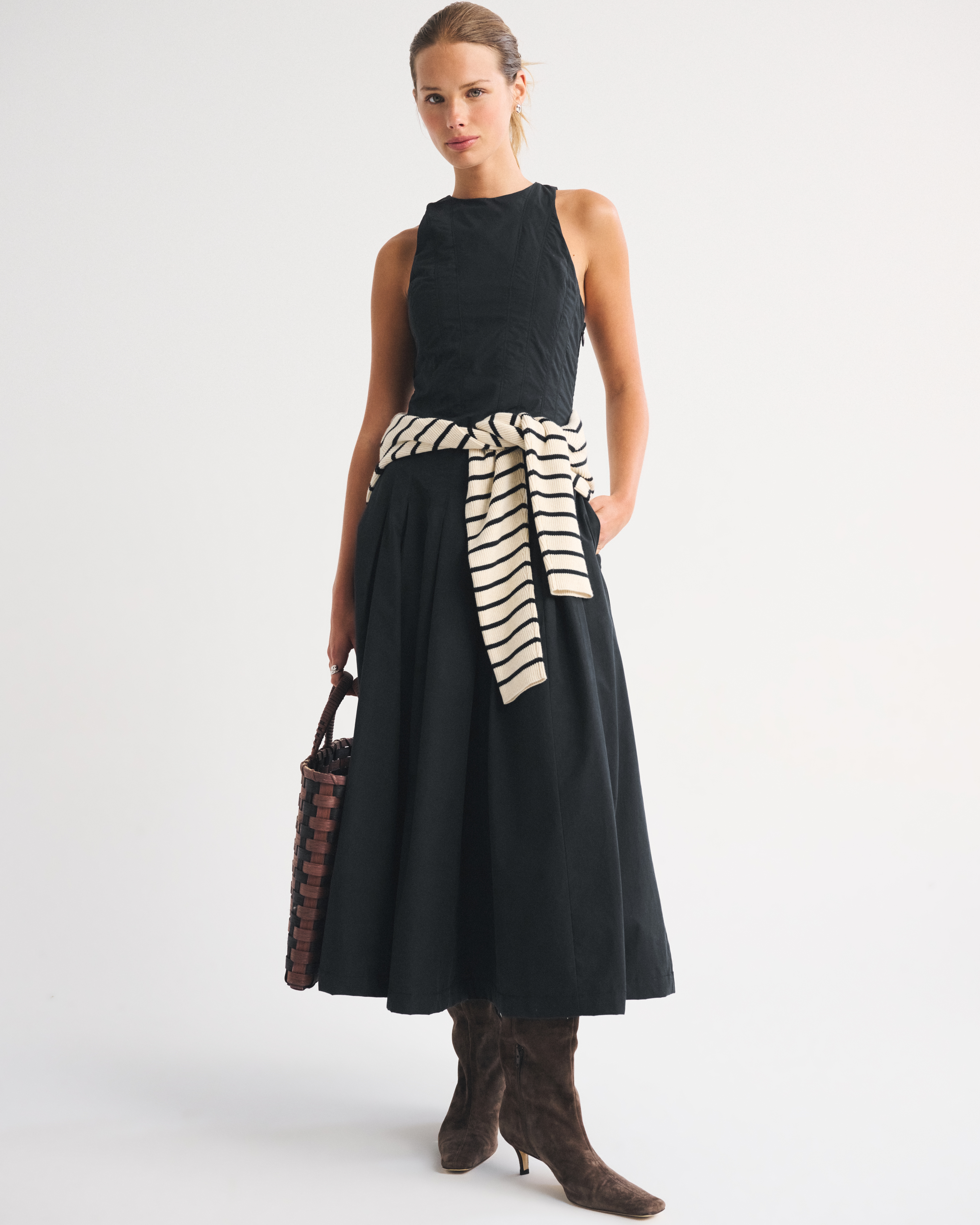 Женское платье Abercrombie & Fitch 100% Cotton High Neck Seamed Midi, цвет: Чёрный — фото 3