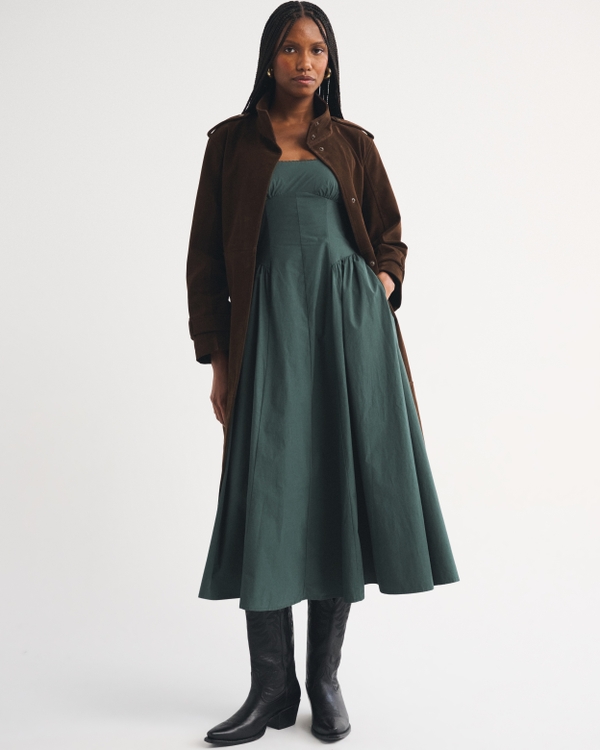 100% Cotton A&F Dylan Bra-Free Midi Dress, Dark Spruce view 1