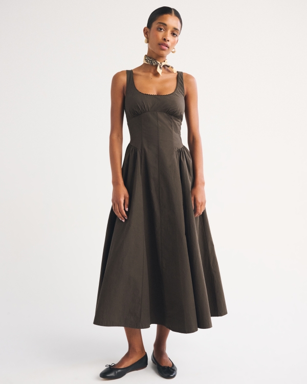 100% Cotton A&F Dylan Bra-Free Midi Dress, Dark Roast view 1