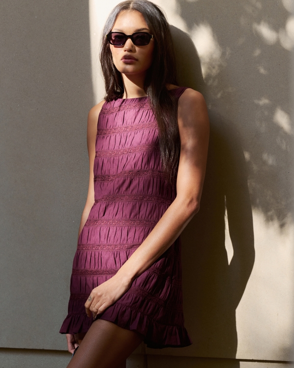 100% Cotton Shirred Lacee-Trim Mini Dress, Wine view 1