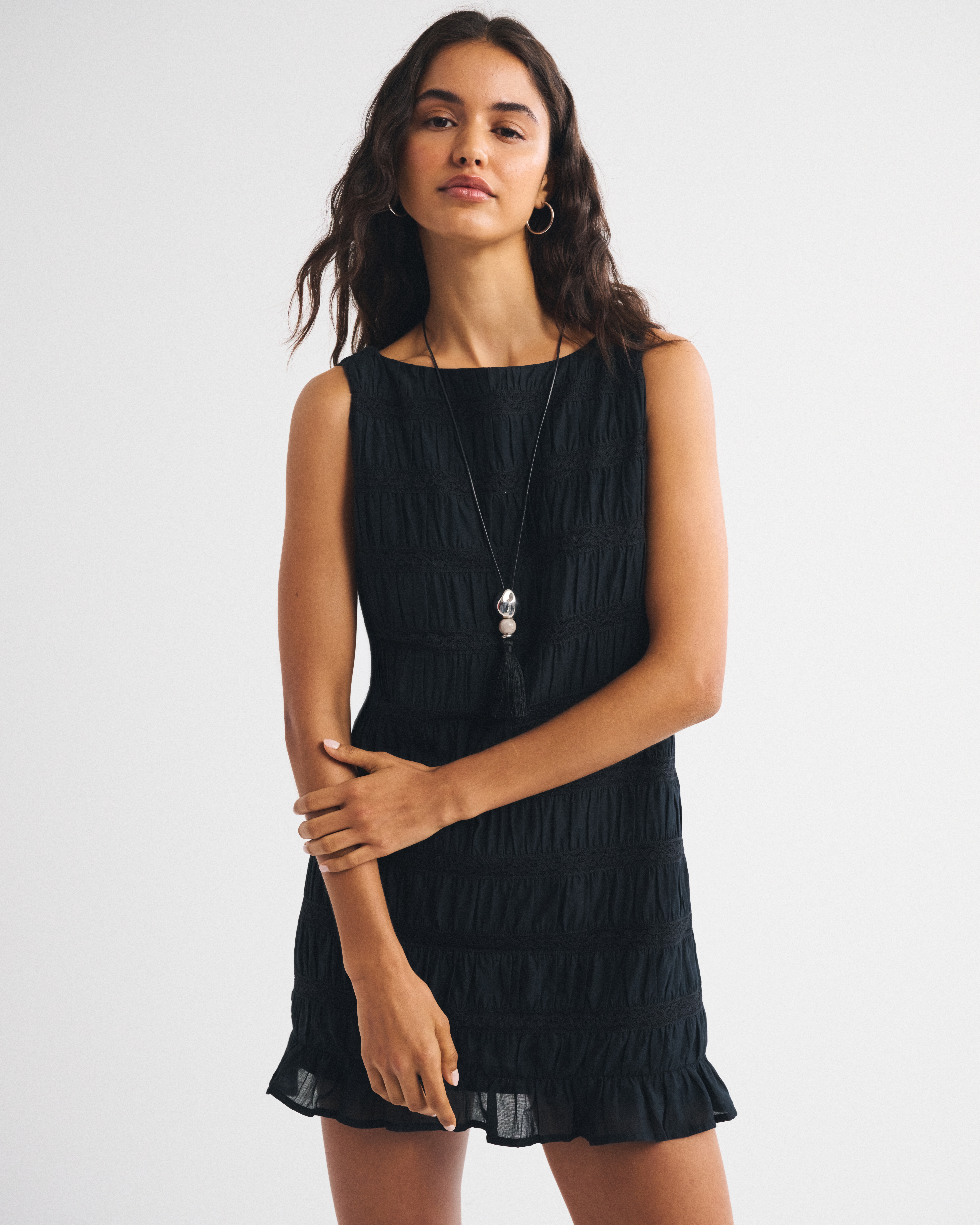 Женское платье Abercrombie & Fitch 100% Cotton Shirred Lacee-Trim Mini, цвет: Чёрный — фото 3