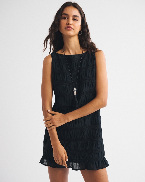 100% Cotton Shirred Lacee-Trim Mini Dress, Black view 1