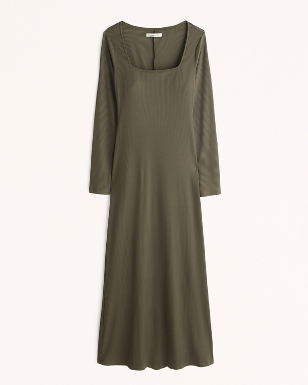 Long-Sleeve Knit Squareneck Maxi Dress, Olive Green