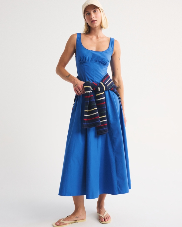 100% Cotton A&F Bra-Free Dylan Midi Dress, Blue view 1
