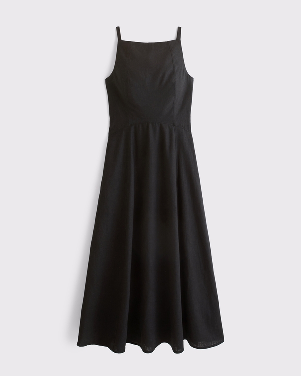Bra-Free Apron Neck Linen-Blend Midi Dress, Black view 1