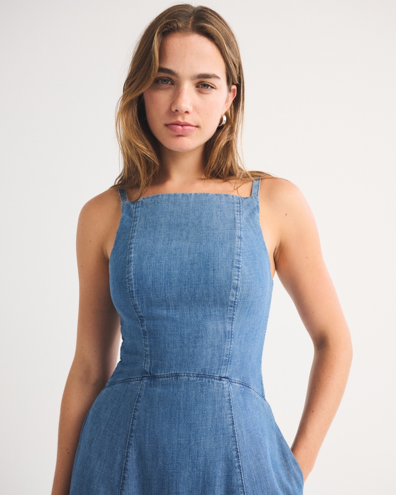 Bra-Free Apron Neck Denim Midi Dress