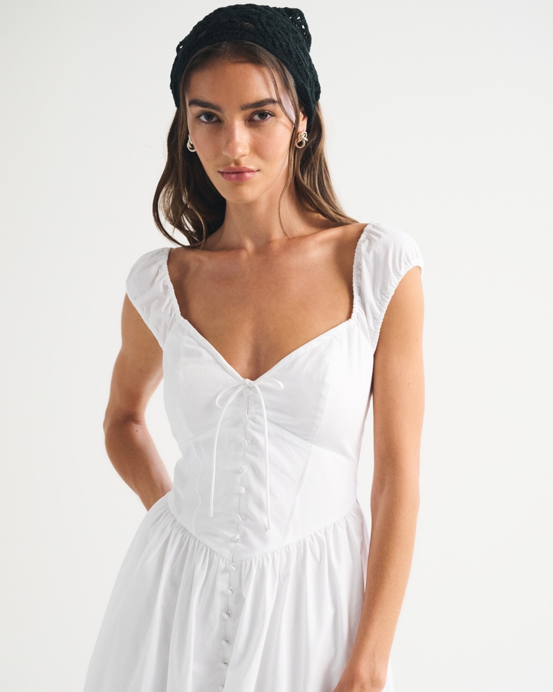 100% Cotton Bra-Free Cap-Sleeve Dipped-Waist Midi Dress