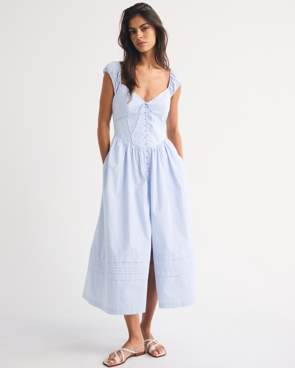 100% Cotton Bra-Free Cap-Sleeve Dipped-Waist Midi Dress