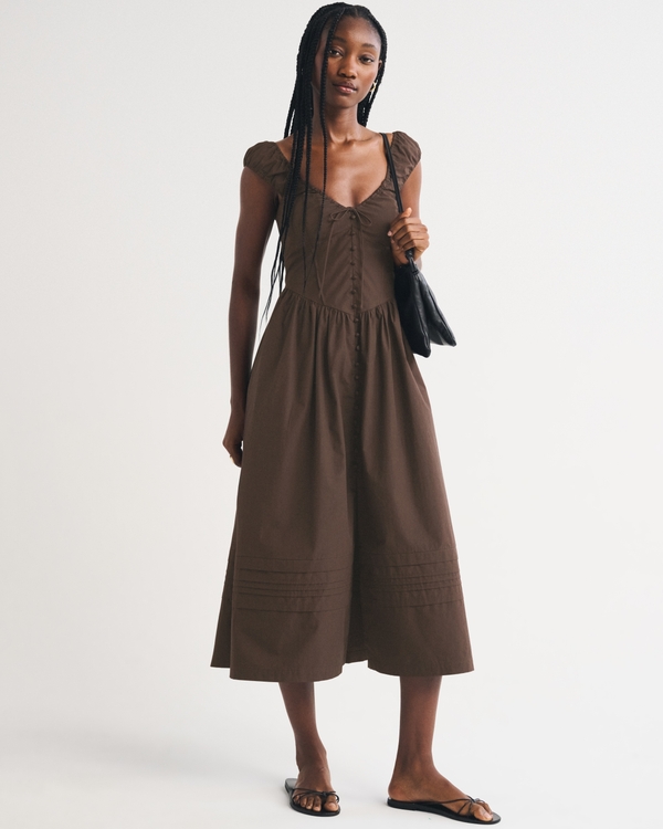 100% Cotton Bra-Free Cap-Sleeve Dipped-Waist Midi Dress