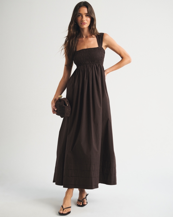 100% Cotton A&F Sydney Smocked Maxi Dress, Dark Coffee view 1