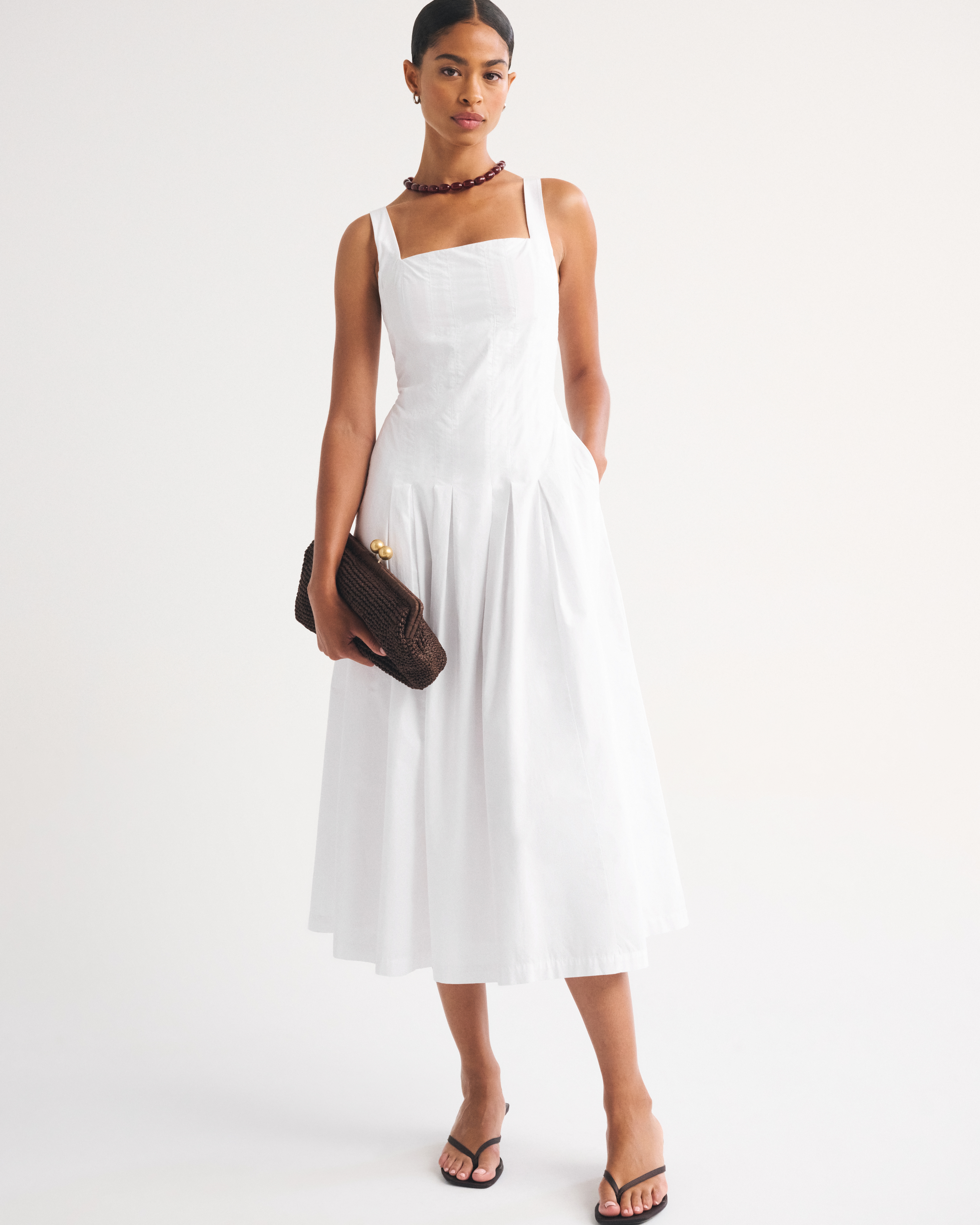 100% Cotton Bra-Free Square Neck Pleated Midi Dress