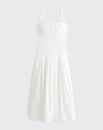 100% Cotton Bra-Free Square Neck Pleated Midi Dress