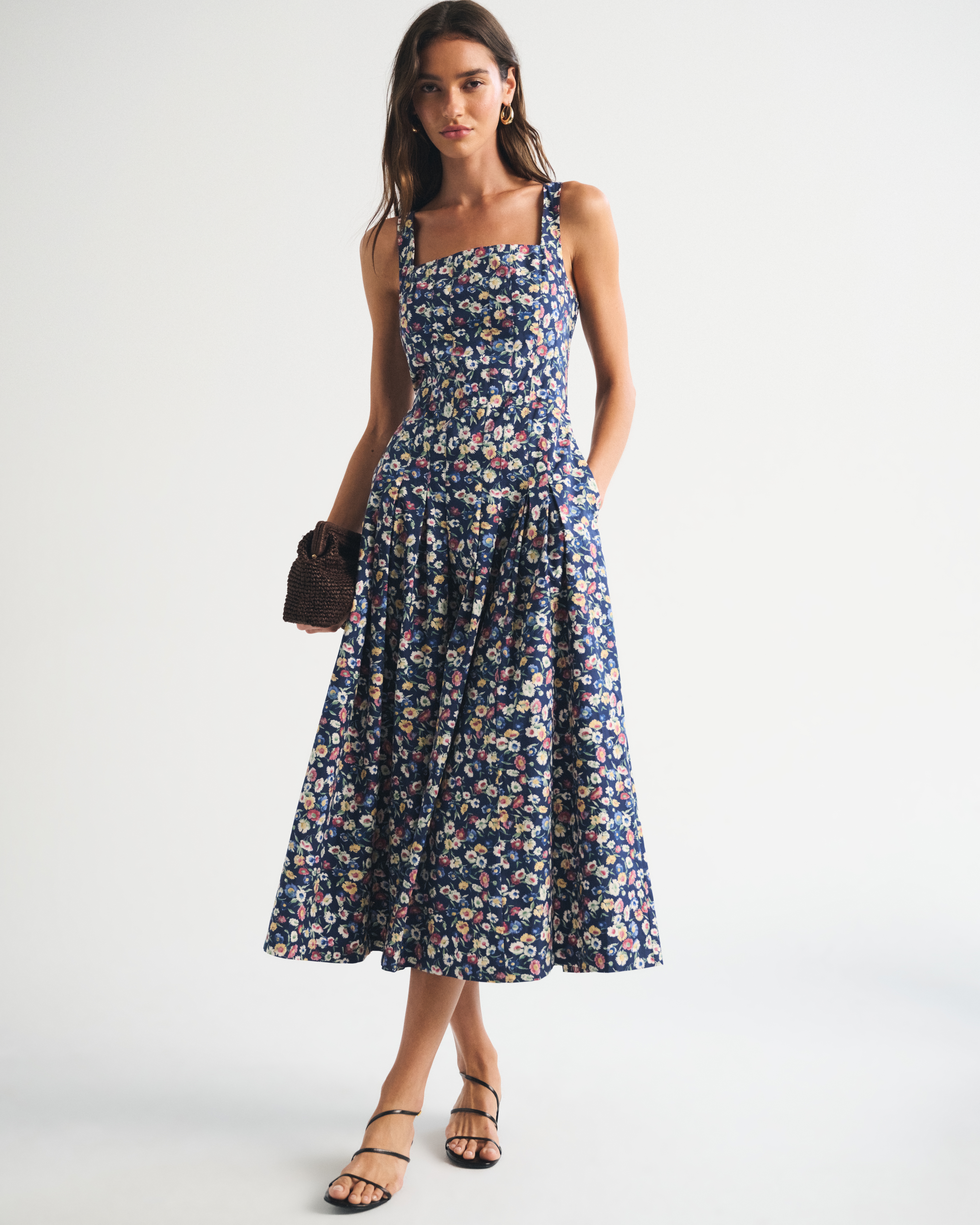 Женское платье Abercrombie & Fitch 100% Cotton Bra-Free Square Neck Pleated Midi, цвет: Синий с принтом — фото 2