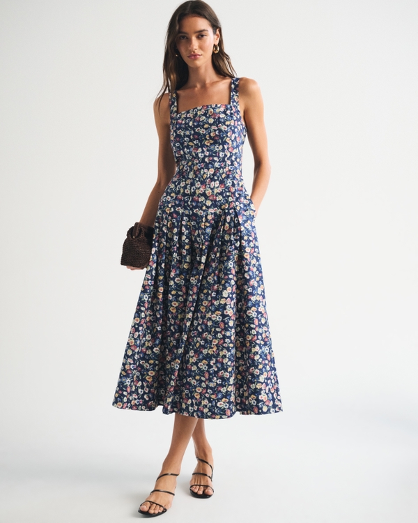 100% Cotton Bra-Free Square Neck Pleated Midi Dress