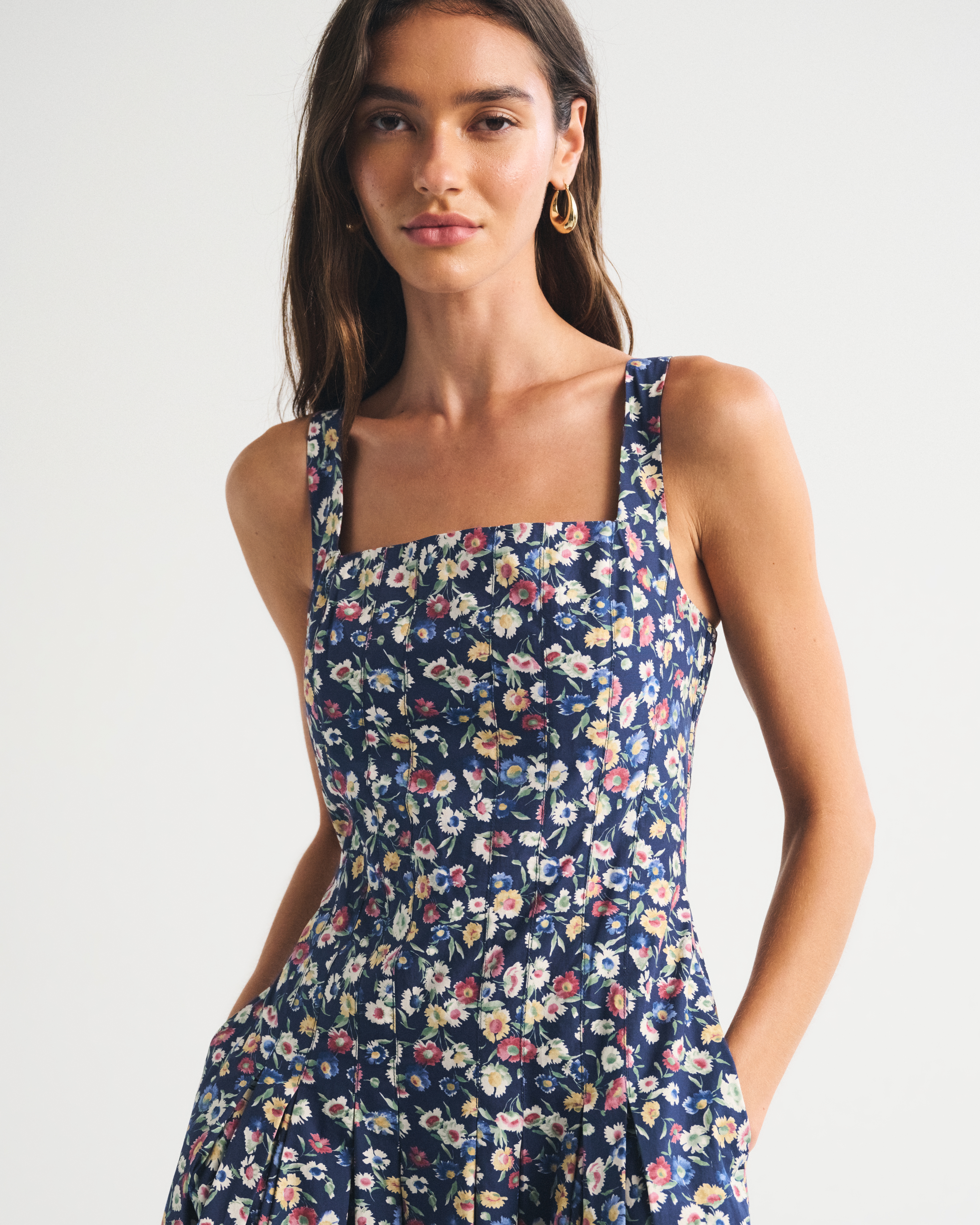 Женское платье Abercrombie & Fitch 100% Cotton Bra-Free Square Neck Pleated Midi, цвет: Синий с принтом — фото 3
