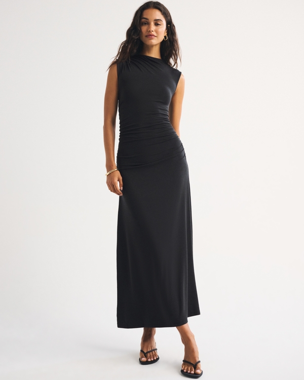 Fine Wool-Blend Mock Neck Maxi Dress, Black view 1