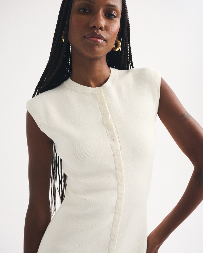Short-Sleeve Button-Through Sweater Midi Dress