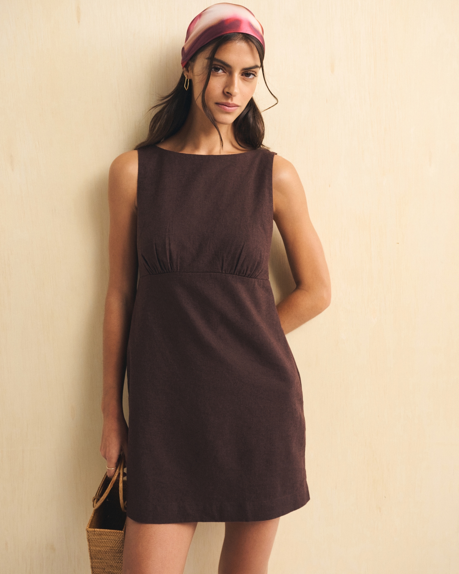 Bra-Free Linen-Blend High Neck Mini Dress