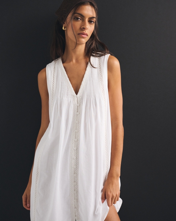 100% Cotton Lace-Trim Pintuck Button-Through Easy Mini Dress, White view 2