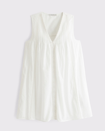 100% Cotton Lace-Trim Pintuck Button-Through Easy Mini Dress