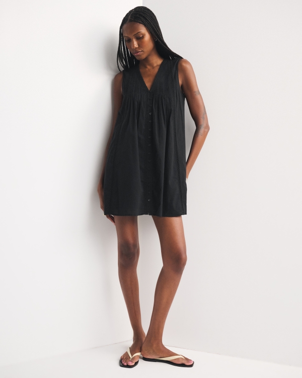 100% Cotton Lace-Trim Pintuck Button-Through Easy Mini Dress, Black view 1