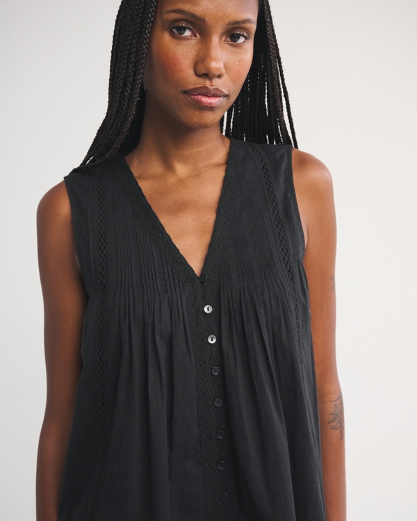 100% Cotton Lace-Trim Pintuck Button-Through Easy Mini Dress, Black view 2