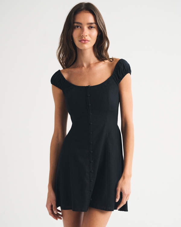 Bra-Free Linen-Blend Cap-Sleeve Scoop Neck Mini Dress, Black view 1