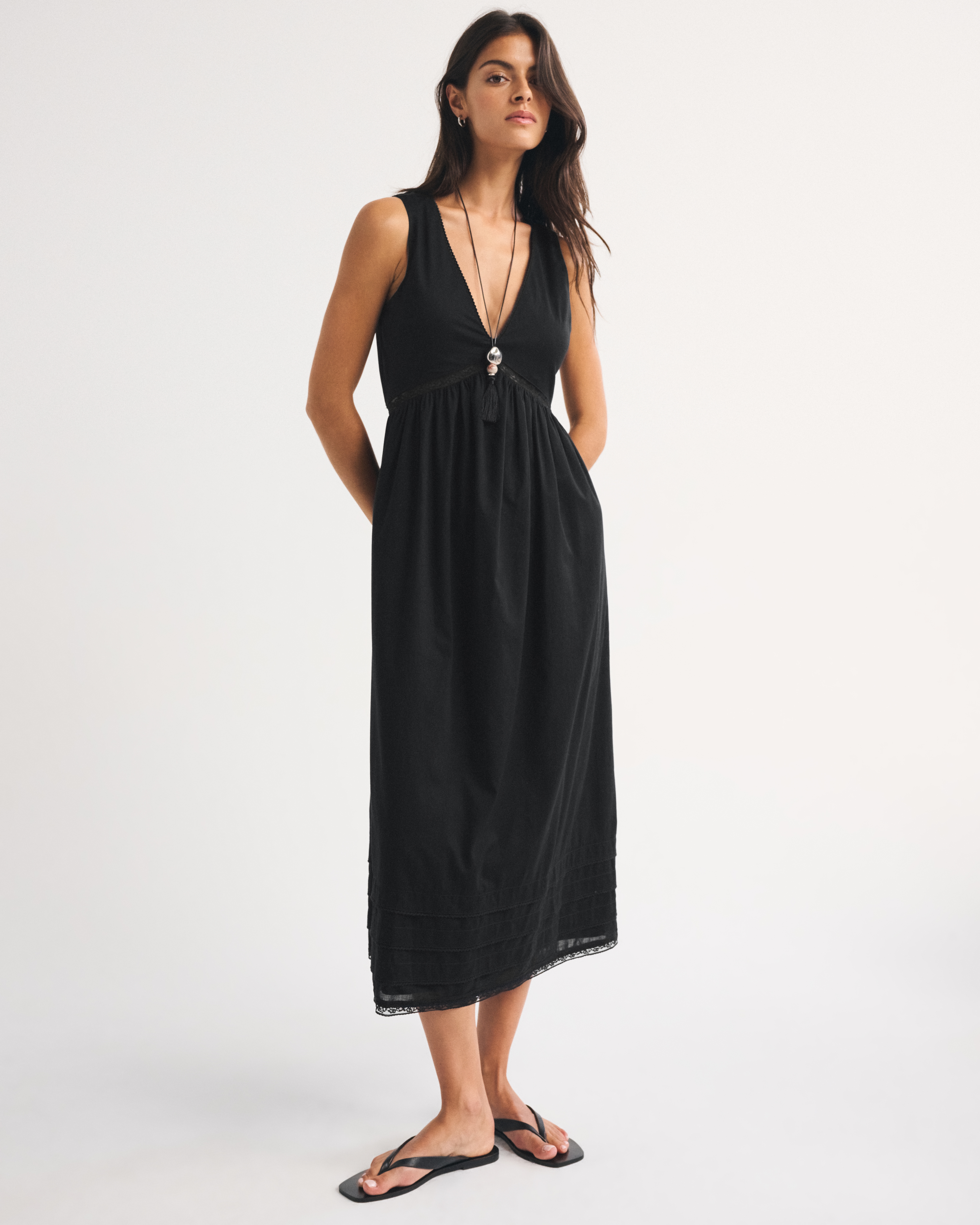 Женское платье Abercrombie & Fitch 100% Cotton Bra-Free V-Neck Babydoll Midi, цвет: Чёрный — фото 2