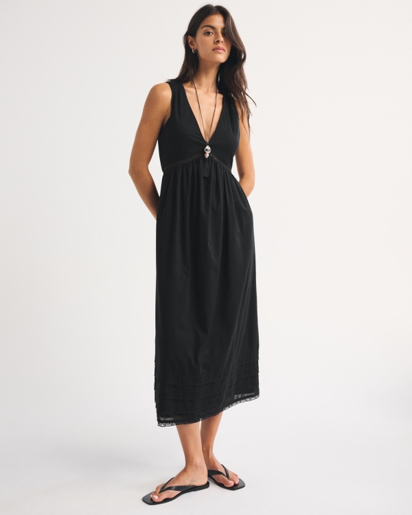 100% Cotton Bra-Free V-Neck Babydoll Midi Dress, Black view 1