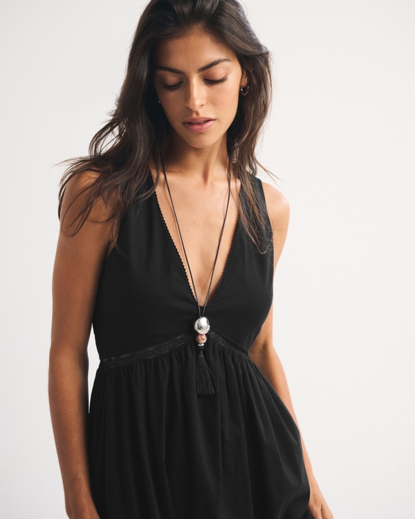 100% Cotton Bra-Free V-Neck Babydoll Midi Dress, Black view 2