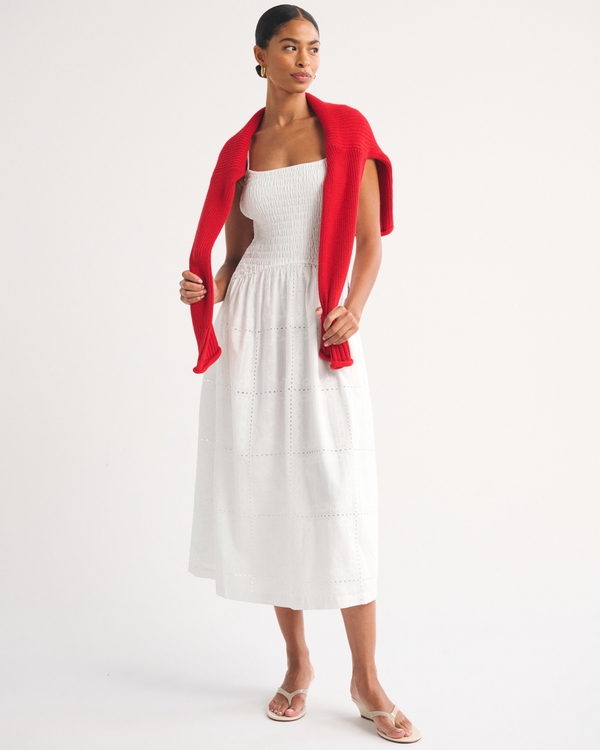 100% Cotton Smocked Eyelet Drop-Waist Midi Dress