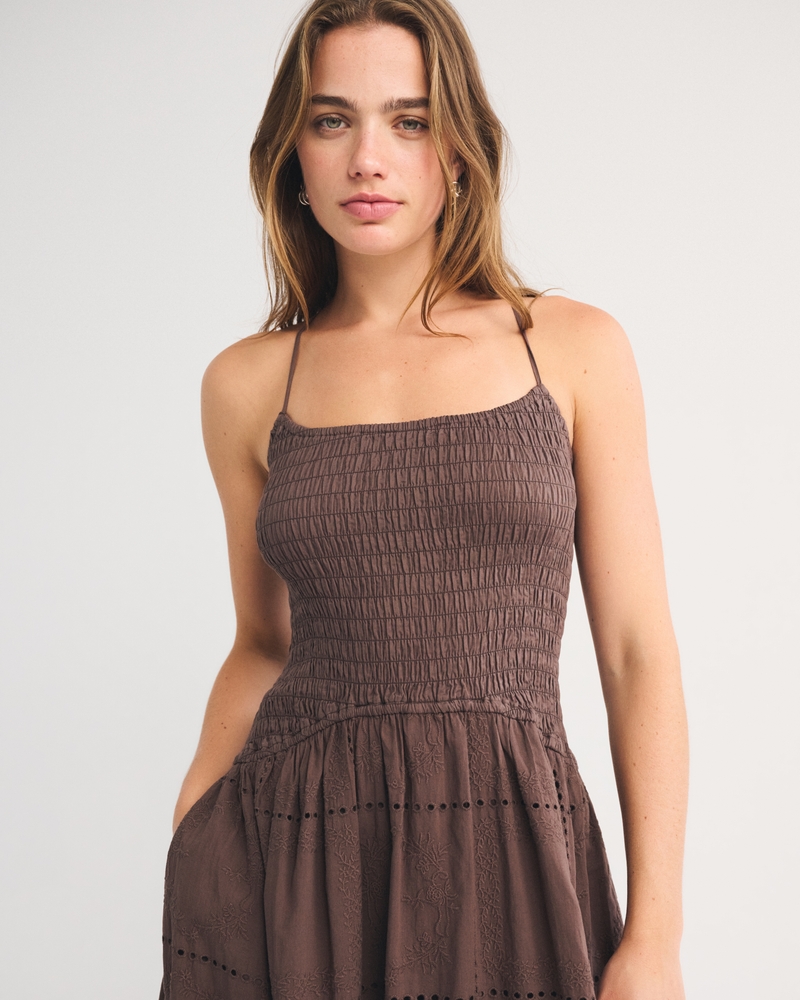 100% Cotton Smocked Eyelet Drop-Waist Midi Dress