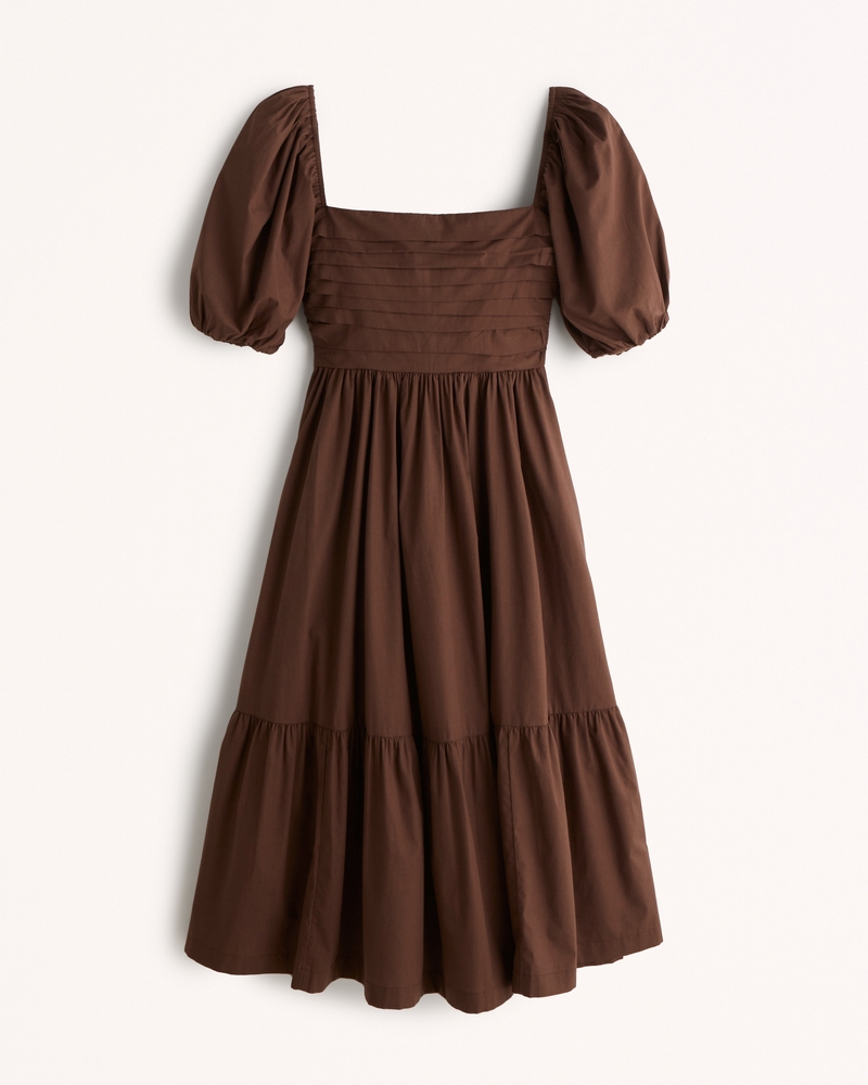 Ruched Puff Sleeve Poplin Midi Dress