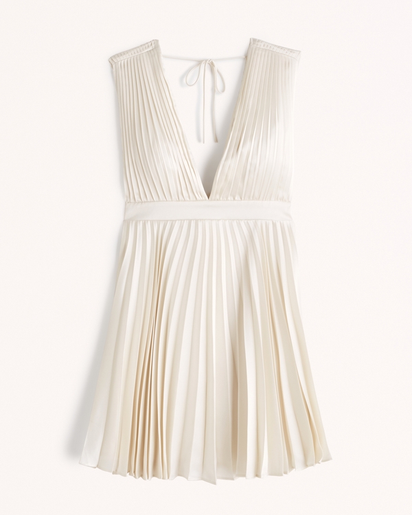 Plunge Pleated Mini Dress, White view 1