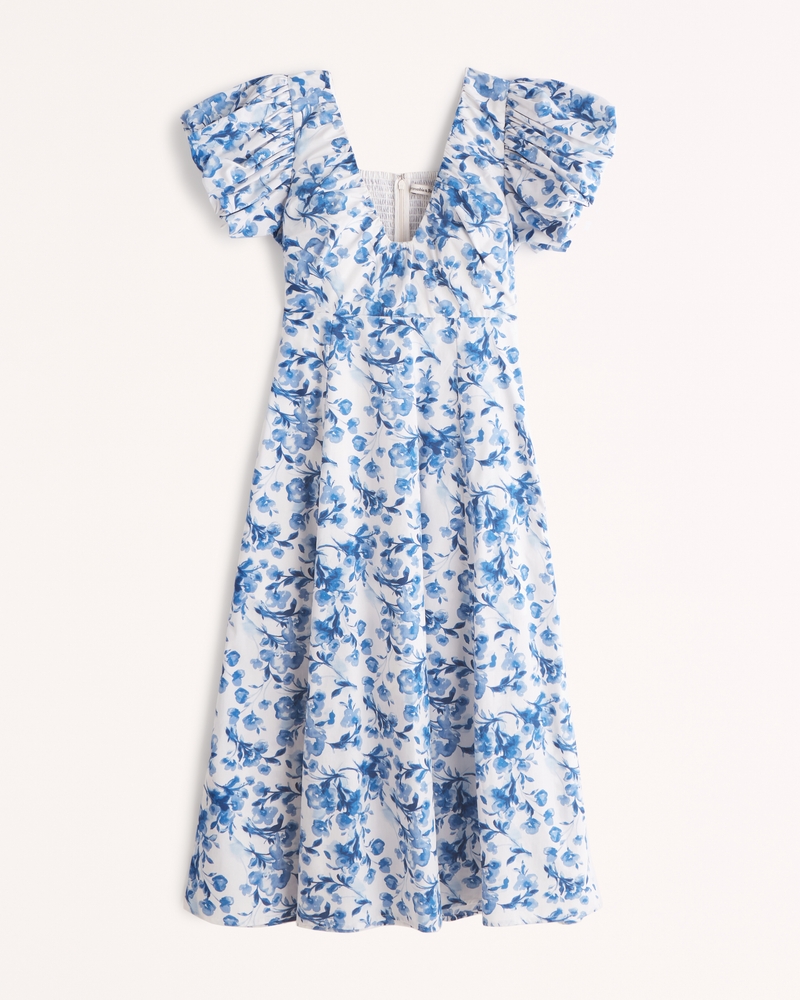 Women's Puff Sleeve Plunge Midi Dress | Women's Sale | Abercrombie.com