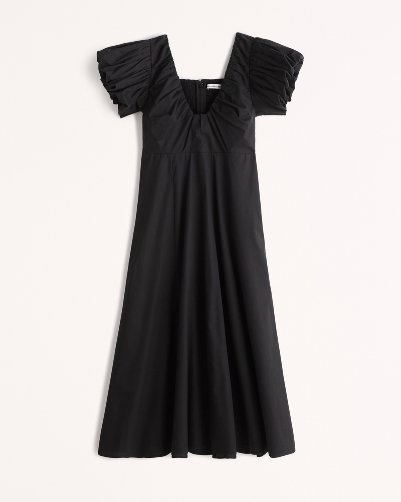 Women's Puff Sleeve Plunge Midi Dress | Women's Clearance | Abercrombie.com