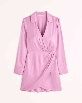 Mujer Vestido camisero drapeado de sat n con manga corta Mujer