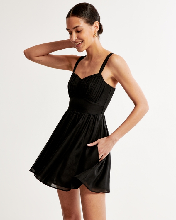 Ruched Chiffon Mini Dress, Black